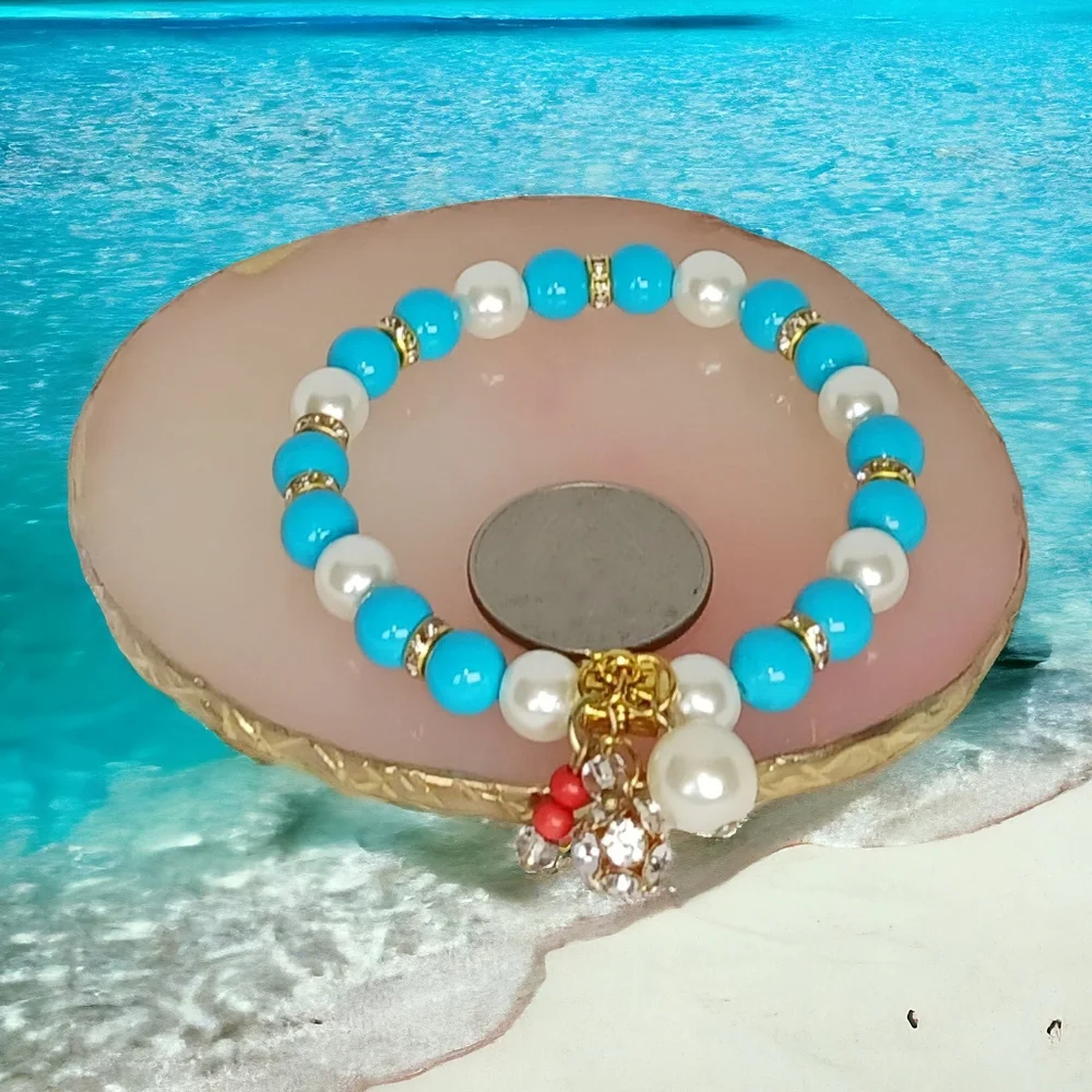 Pearl Turquoise & Coral Y2K Charm Bracelet Mermaidcore Oceancore Beachy Seaside